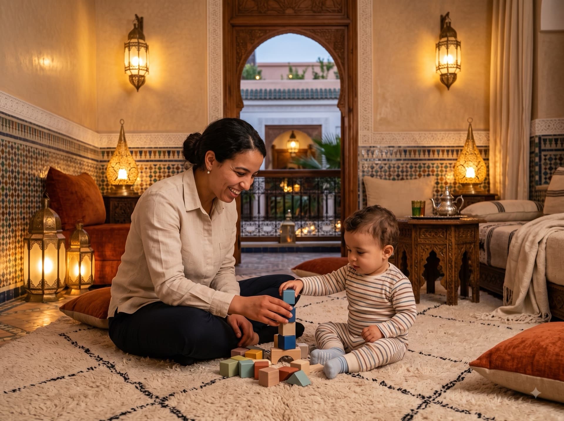Evening babysitting with a baby in a Marrakech hotel suite