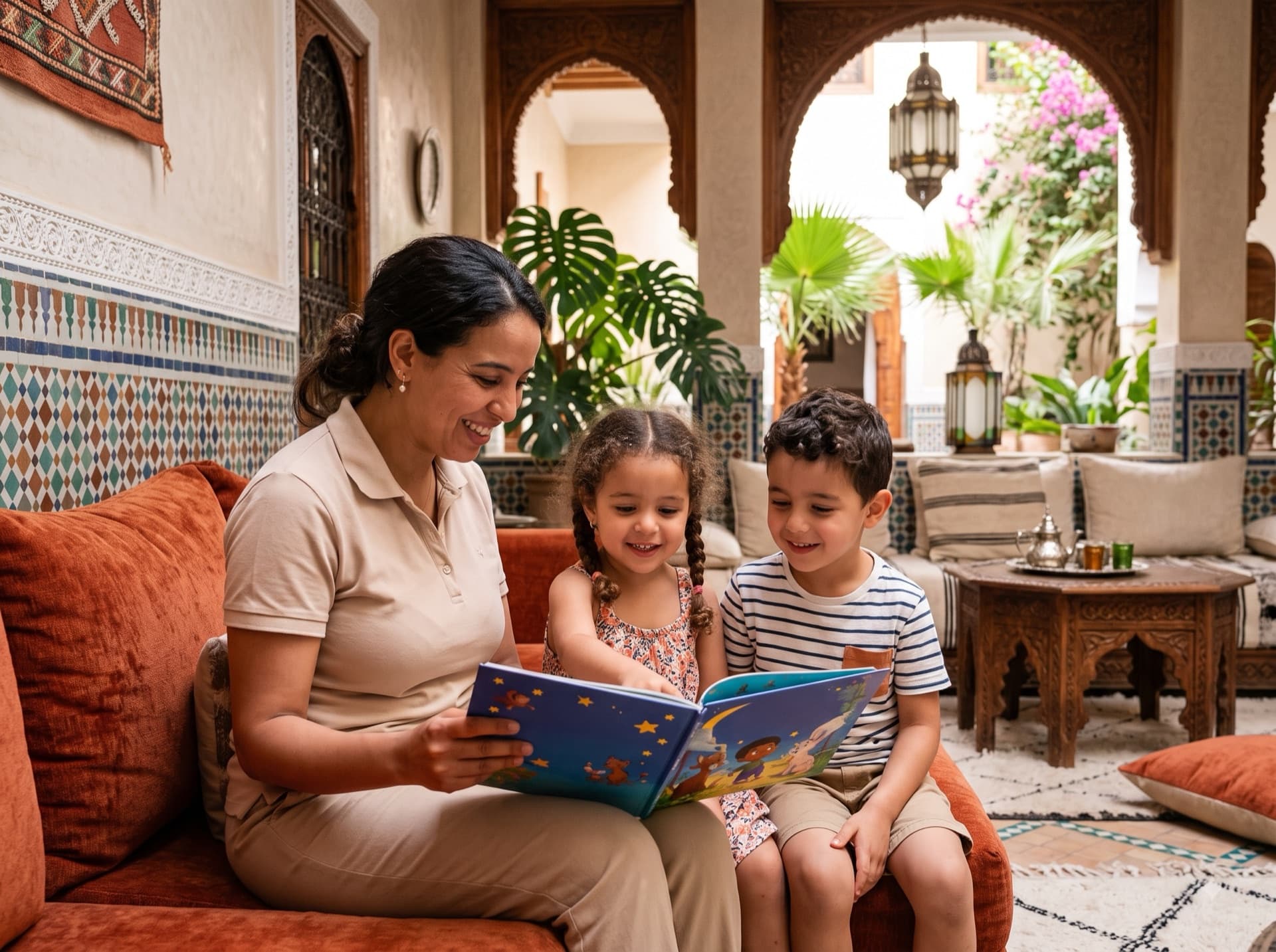 Nanny reading a story to two children in a Marrakech riad